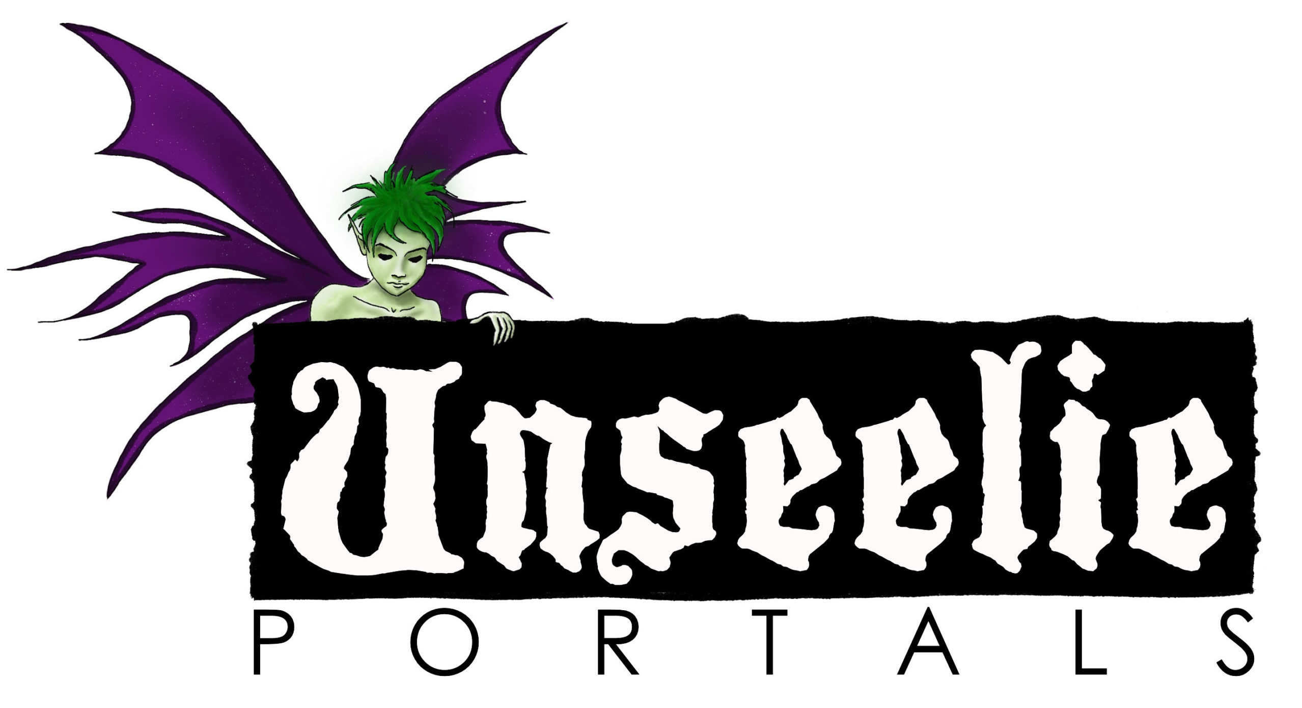 Unseelie Portals logo, featuring a green fairy with unruly hair and purple wings overlooking the Words Unseelie Portals.